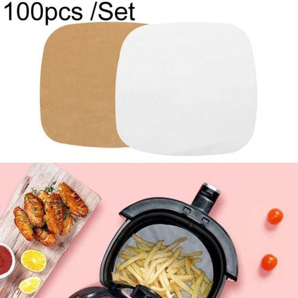Oil Absorbing Air Fryer Paper 23cm Square For Easy Cleanup silicone-coated 23cm square liners 100pcs pack shown with fries and chicken for easy cleanup