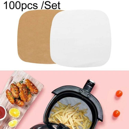 Oil-Absorbing Round Parchment Paper With Hole For Air Fryer And Oven - round non-stick silicone-coated liner shown with fries and chicken