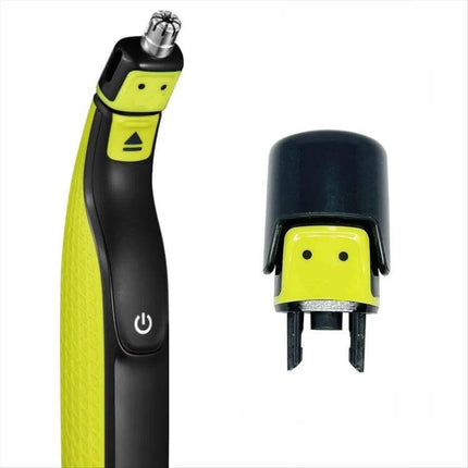 Nose Hair Trimmer Replacement Head For One Blade Safe And Easy shown next to compatible trimmer body, stainless steel double-edged rotating head, snap-on cap