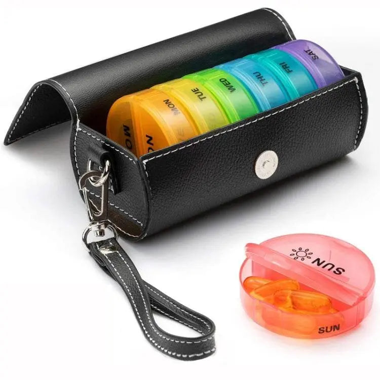 One Week Use Portable Plastic 14-Compartment Pill Box Leather Bag for Easy Medication Management