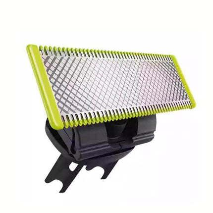 OneBlade Replacement Heads For Philips OneBlade replacement metal and plastic grooming head with green trim shown on white background