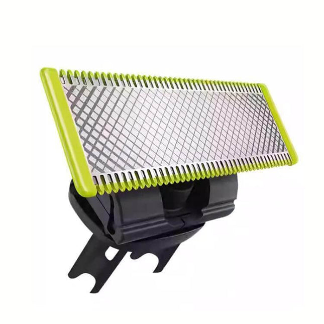 OneBlade Replacement Heads For Philips OneBlade replacement metal and plastic grooming head with green trim shown on white background