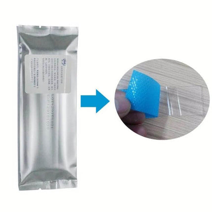 Organic Silicone Gel Scar Patch 3.5 x 12 cm For Scar Care - silicone gel sheet shown in sealed pouch and peeled blue patch