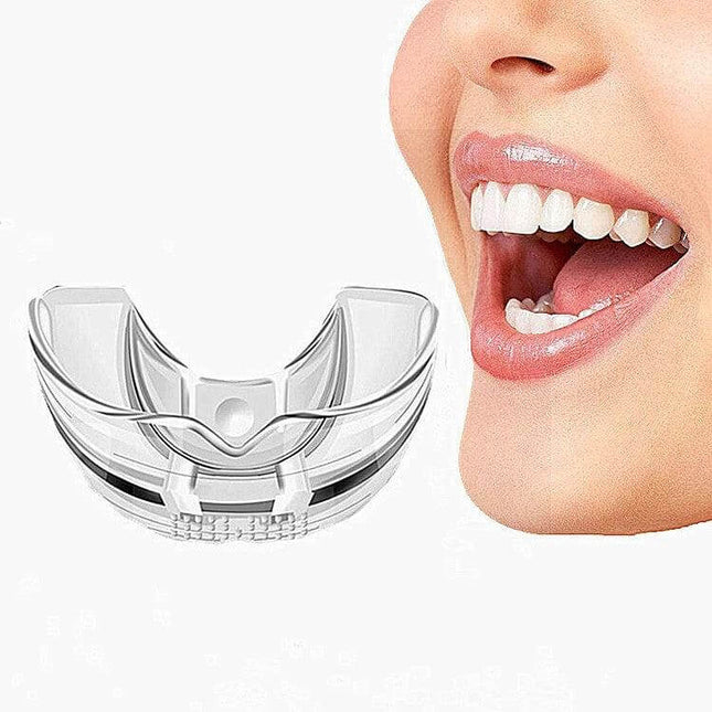 Orthodontic Silicone Simulation Braces For Nighttime Use clear silicone night mouthguard shown beside smiling mouth for gentle tooth alignment