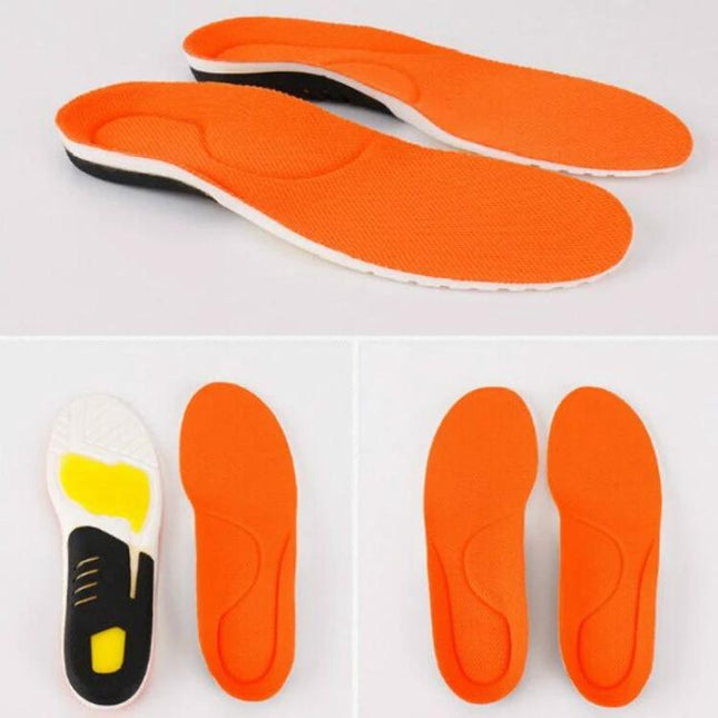 Orthotic Insole For Flat Feet And High Arch Breathable EU 35-40 41-45 orange breathable memory foam trim-to-fit insoles shown top and bottom views