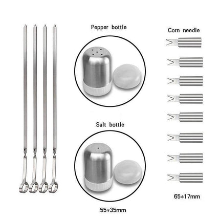 Outdoor 20-in-1 Camping Tableware Set for Picnics and Barbecues stainless steel skewers, salt and pepper bottles, and corn needles in carry kit