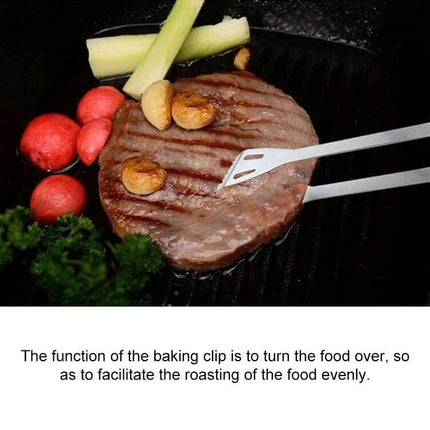 Outdoor 20-in-1 Camping Tableware Set for Picnics and Barbecues showing stainless steel clip turning grilled steak with vegetables on a grill