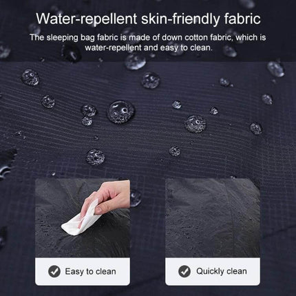 Outdoor Camping Sleeping Bag 210x80 For All Seasons water-repellent fabric close-up showing water beading, easy to clean and quick-dry