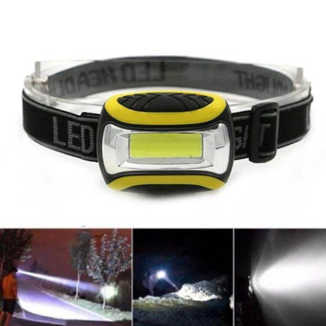 Outdoor Headlamp With COB LED For Camping And Hiking showing yellow COB module, adjustable black strap, and beam examples