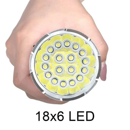 Outdoor LED Flashlight for Camping and Emergency Use — front view showing 18 x T6 LED array and rugged aluminum head held in hand