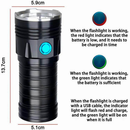 Outdoor LED Flashlight for Camping and Emergency Use - rugged aluminum handheld torch with USB charging, indicator lights, wide-beam flat lens, removable 18650 cells
