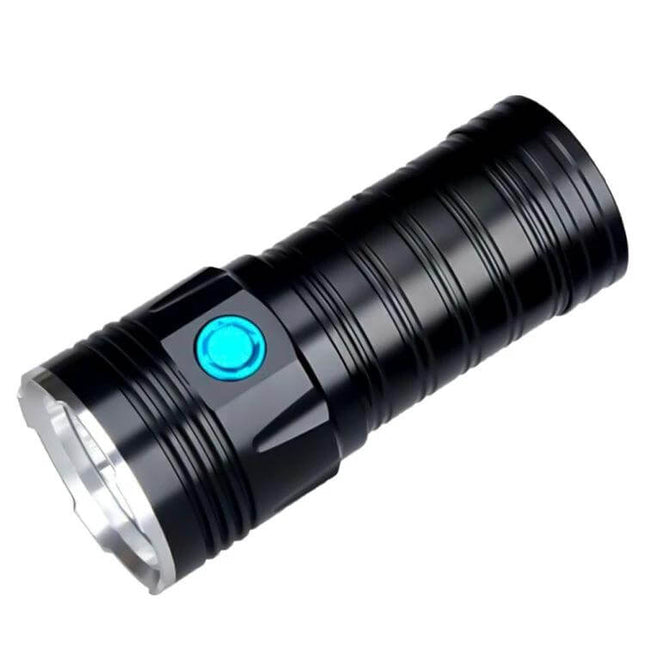 Outdoor LED Flashlight for Camping and Emergency Use - rugged black aluminum torch with blue power button, wide-beam flat lens and USB charging