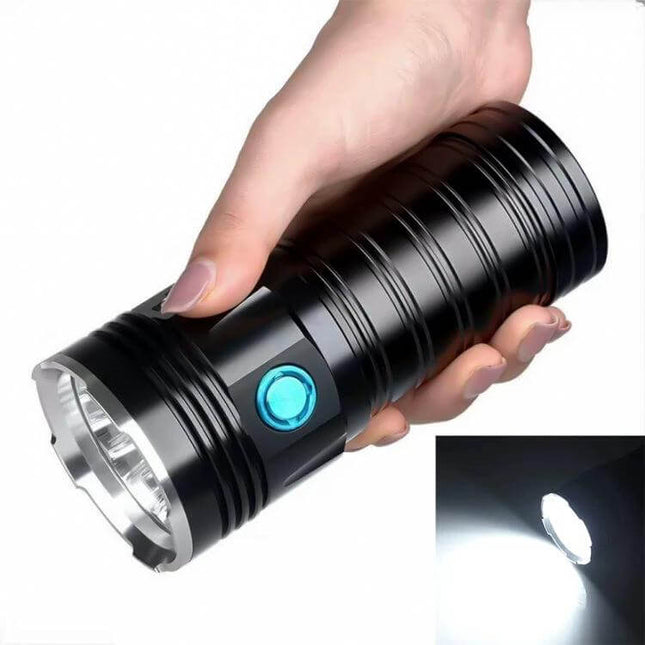 Outdoor LED Flashlight for Camping and Emergency Use - rugged aluminum body, USB charging, wide-beam 18 x T6 LEDs handheld torch