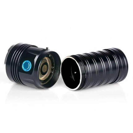 Outdoor LED Flashlight for Camping and Emergency Use - rugged black aluminum body with removable battery compartment and USB charging port