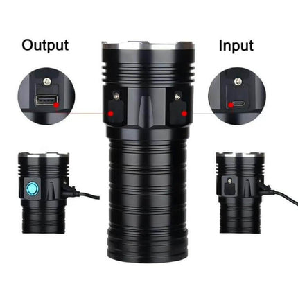 Outdoor LED Flashlight for Camping and Emergency Use showing USB input and output ports and rugged aluminum body
