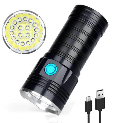 Outdoor LED Flashlight for Camping and Emergency Use - rugged aluminum body, 18 x T6 LEDs, USB charging cable, removable 18650 cells, wide beam