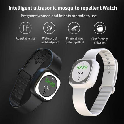 Outdoor Silica Gel Mosquito Repellent Wristband Black shown on wrist with digital display and silica gel beads for outdoor use