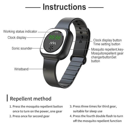 Outdoor Silica Gel Mosquito Repellent Wristband Black - black wearable silica gel mosquito repellent wristband with clock display and instructions