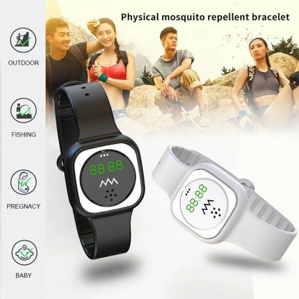 Outdoor Silica Gel Mosquito Repellent Wristband Black shown with white variant, wearable silica gel beads for camping, hiking, beach and backyard protection