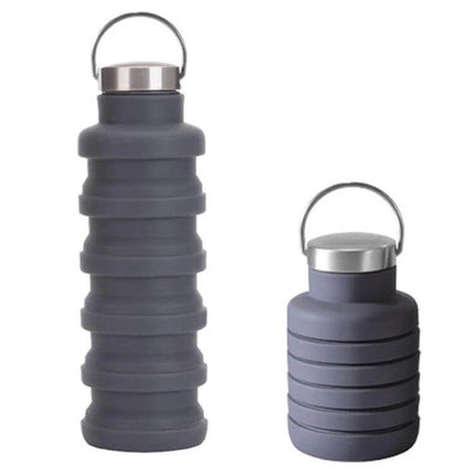 Outdoor Silicone Telescopic Cup 500ml For Travel And Everyday Use showing expanded and collapsed gray silicone bottle with stainless steel lid