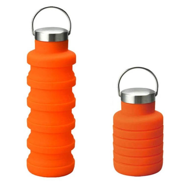 Outdoor Silicone Telescopic Cup 500ml For Travel And Everyday Use - collapsible orange silicone cup with stainless steel lid shown extended and collapsed
