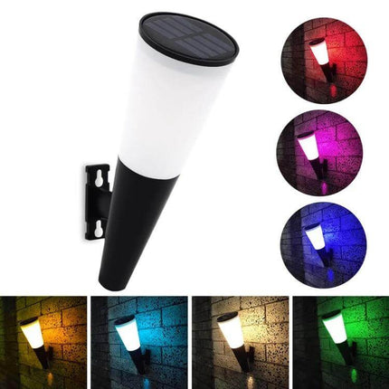 Outdoor Solar Garden Cone Wall Lamp Two Color LEDs mounted on brick wall showing white and colored LED modes, solar panel top
