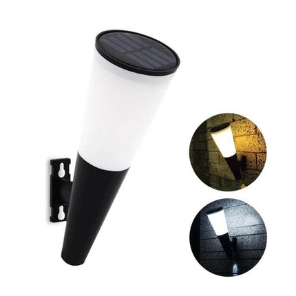 Outdoor Solar Garden Cone Wall Lamp Two Color LEDs mounted on exterior wall showing warm and cool LED illumination