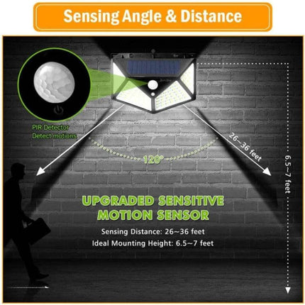 Outdoor Solar Patio Wall Light For Garden And Balcony 100 LEDs showing 120° sensing angle, 26–36 ft motion detection and 6.5–7 ft ideal mounting height