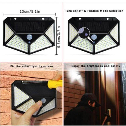 Outdoor Solar Patio Wall Light For Garden And Balcony 100 LEDs showing 100 LED solar wall light installed by door with dimensions and mounting demonstration