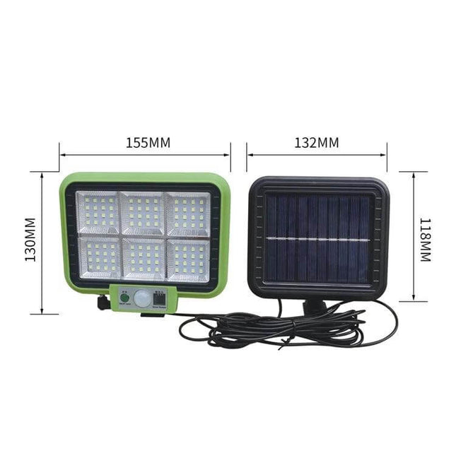 Outdoor Solar Wall Light With Motion Sensor For Garden - compact LED panel and separate solar panel with motion sensor and cable, dimensions shown