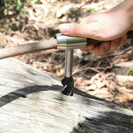 Outdoor Survival Drill Bit With Leather Sheath For Camping — hardened stainless steel bit drilling wooden cup with hand brace in forest (compact 160x40mm)