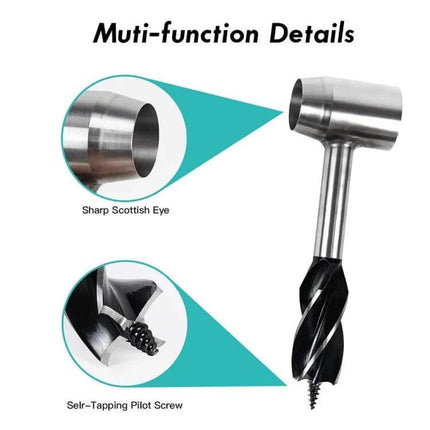 Outdoor Survival Drill Bit With Leather Sheath For Camping stainless steel multi-function drill bit with leather sheath shown with pilot screw and hammer head