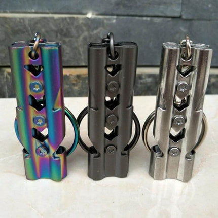 Outdoor Survival Whistle With Key Ring Stainless Steel – three compact stainless whistles on key rings (iridescent, black, silver) for hiking and emergencies