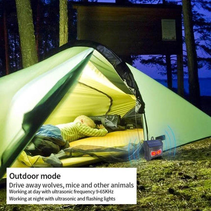 Outdoor Ultrasonic Solar Mouse Repeller With LED Flash placed near a tent to deter mice and pests with daytime ultrasound and night strobe