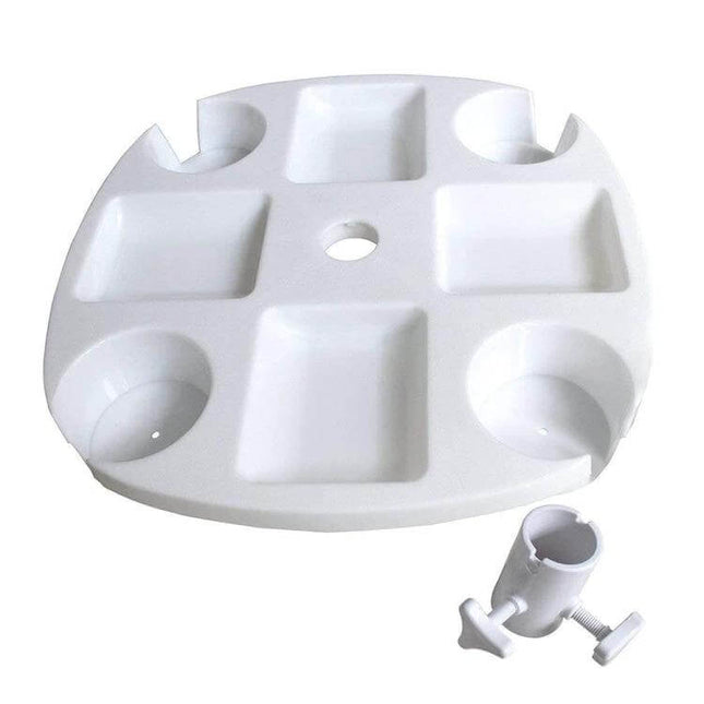 Outdoor White PP Plastic Beach Umbrella Cup Holder Tray mounted on umbrella tube with four cup slots and small trays for drinks and sunscreen