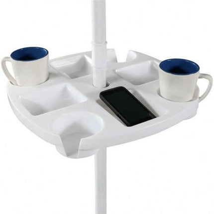 Outdoor White PP Plastic Beach Umbrella Cup Holder Tray mounted on umbrella pole with cups and phone, white PP tray for drinks and small items