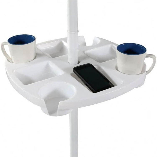 Outdoor White PP Plastic Beach Umbrella Cup Holder Tray mounted on umbrella pole holding two mugs and a phone