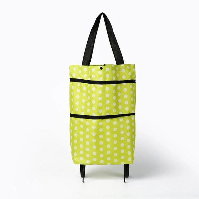 Oxford Cloth 2-In-1 Shopping Bag For Groceries And Errands - lime polka dot wheeled tote, waterproof washable oxford cloth, hand-carry or pull