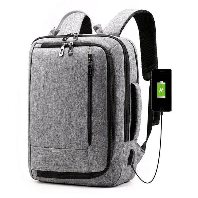 Oxford Laptop Backpack for Daily Commute and Travel with gray fabric, organized compartments, external USB charging port and padded 15.6-inch laptop sleeve