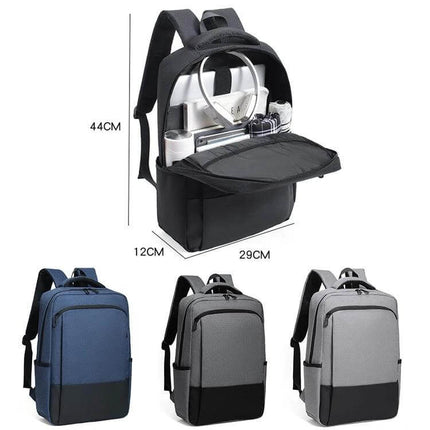 Oxford Laptop Backpack With Trolley Strap For Daily Commute in black showing organized multi-pocket interior and trolley strap