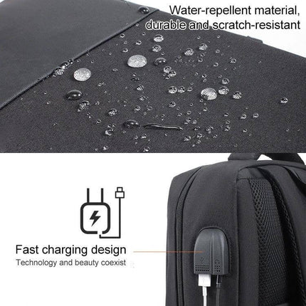 Oxford Laptop Backpack With Trolley Strap For Daily Commute showing water-repellent fabric and external USB fast charging port