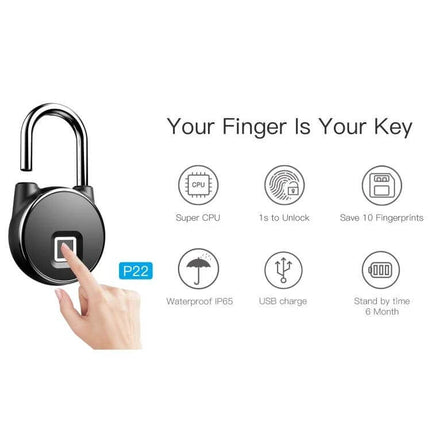 P22 Fingerprint Waterproof Padlock For Exterior Doors - biometric waterproof padlock for gates, sheds, USB rechargeable, stores 10 fingerprints