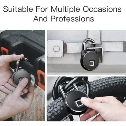 P22 Fingerprint Waterproof Padlock For Exterior Doors shown securing a shed, gate, and bicycle with biometric fingerprint access