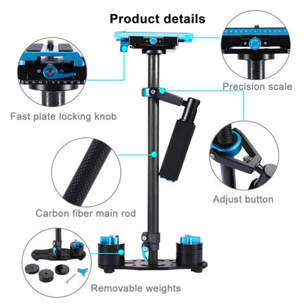 PULUZ Carbon Fibre Handheld Stabilizer For Video Shooting showing carbon fiber rod, precision scale, adjust button and removable weights