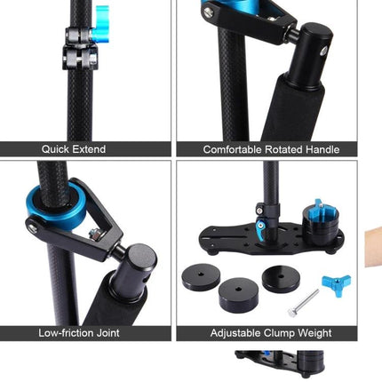 PULUZ Carbon Fibre Handheld Stabilizer For Video Shooting showing quick extend, rotated handle, low-friction joint and adjustable clamp weights