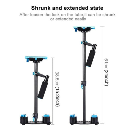 PULUZ Carbon Fibre Handheld Stabilizer For Video Shooting shown in shrunken and extended states with 38.5cm and 61cm height markings