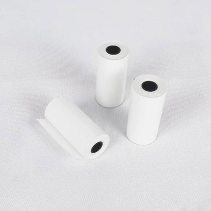 Pack of 10 White Thermal Receipt Paper Rolls, 57mm x 25mm - three white thermal paper rolls on white background, waterproof wood pulp, retail receipts