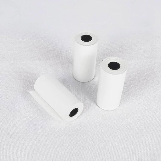 Pack of 10 White Thermal Receipt Paper Rolls, 57mm x 25mm - three white thermal paper rolls on white background, waterproof wood pulp, retail receipts