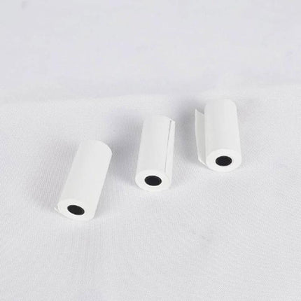 Pack of 10 White Thermal Receipt Paper Rolls, 57mm x 25mm - three sample white thermal rolls on a white background for retail receipts