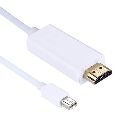 1.8m Mini DisplayPort to HDMI Adapter Cable for Device Linking - white cable connecting MacBook Mini DisplayPort to HDMI display, gold-plated HDMI connector